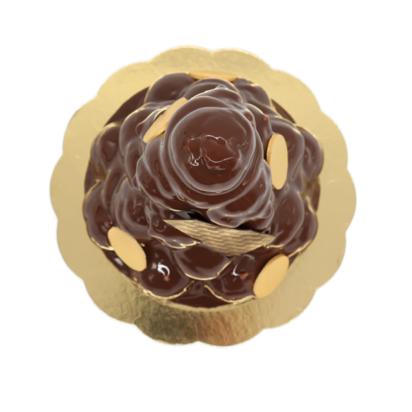 A Brunetti Oro Rocher cake on a gold plate with almonds, available for Same Day delivery.