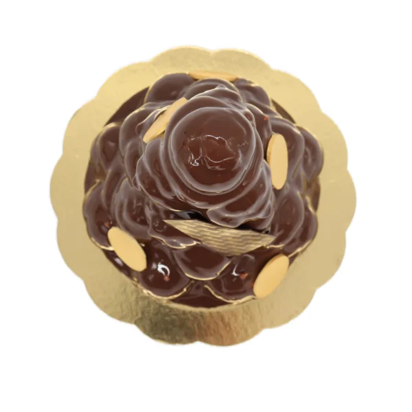 A Brunetti Oro Rocher cake on a gold plate with almonds, available for Same Day delivery.