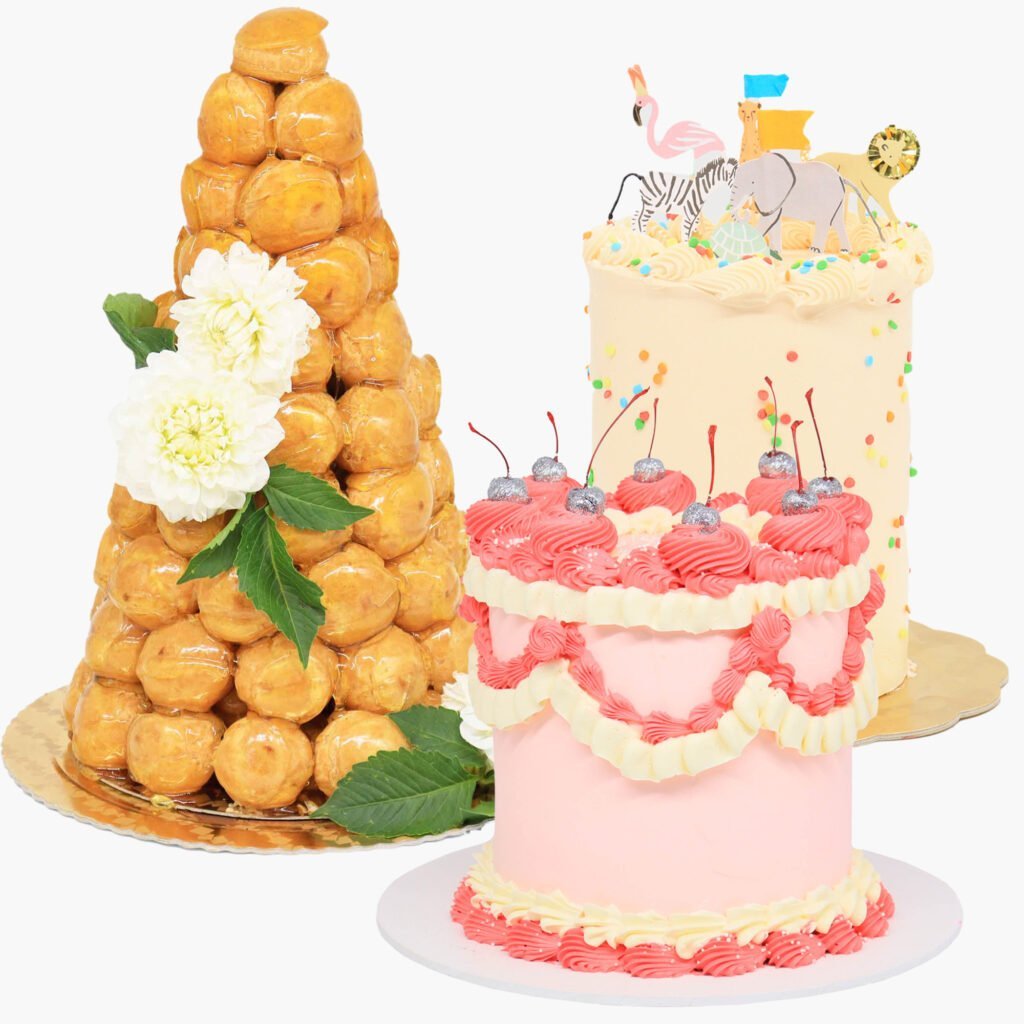 Three different types of cakes are shown on a white background.