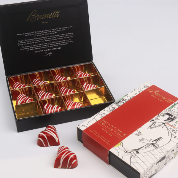 Open box of burnett chocolates with a valentine's theme, containing striped red and white candies, next to its closed packaging.