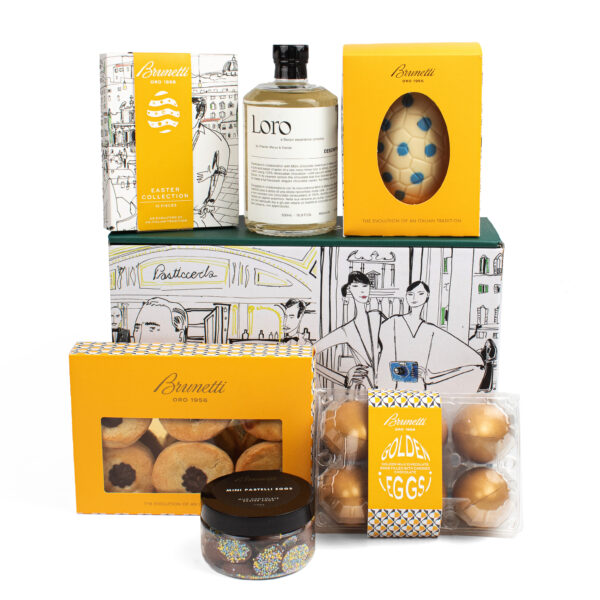 Assortment of gourmet food products including cookies, pasta, and jarred condiments, elegantly packaged, with colorful and stylish designs.