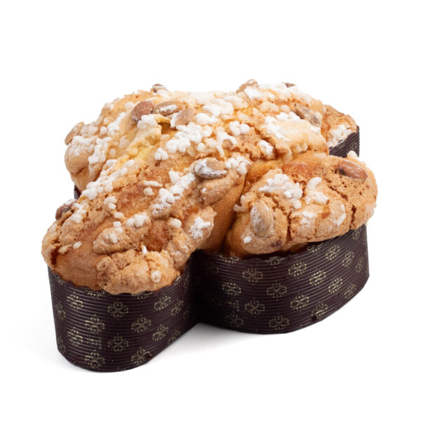 Traditional Colomba Whole. A stack of italian almond cookies with pearl sugar, arranged inside decorative paper wrappers on a white background.