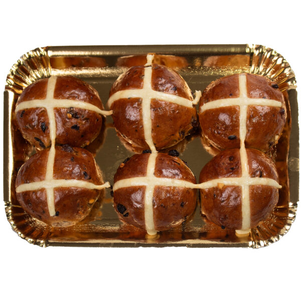 Traditional Hot Cross Buns Flat arranged in a gold tray, viewed from above.