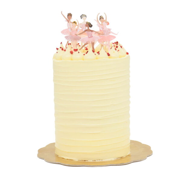 A white cake with ballerina figurines on top.