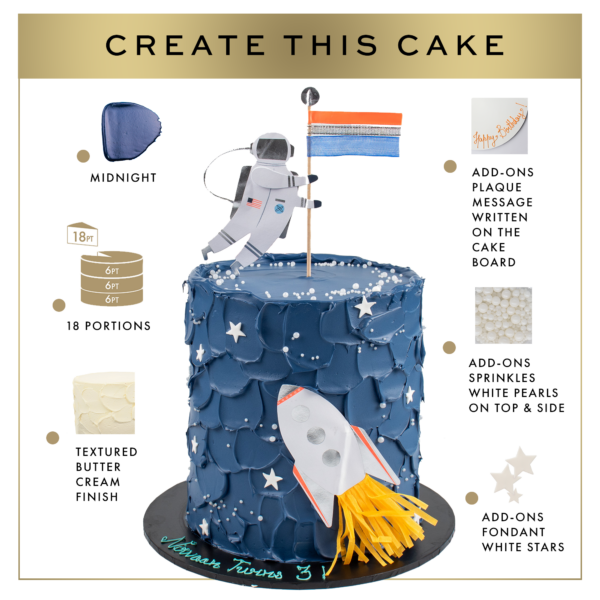 Instructional image for creating a space-themed cake with a rocket and stars, detailing decorations and add-ons like sprinkles and a plaque message.