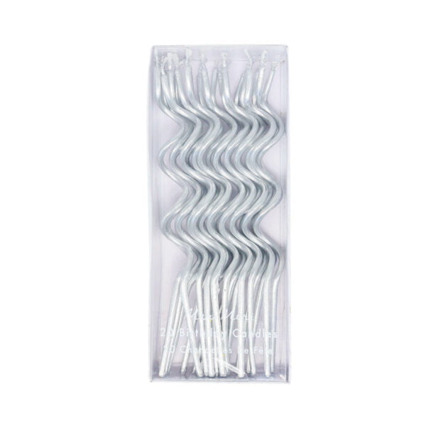 A pack of silver wavy straws in a box.