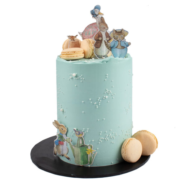 Pale blue cake decorated with edible images of animals such sa Duck , Rabbit and cat topped with macarons, on a black stand against a white background.