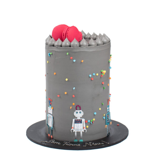 A tall gray birthday cake decorated with colorful sprinkles, two robot figurines at the base, frosted peaks, and topped with red macarons.