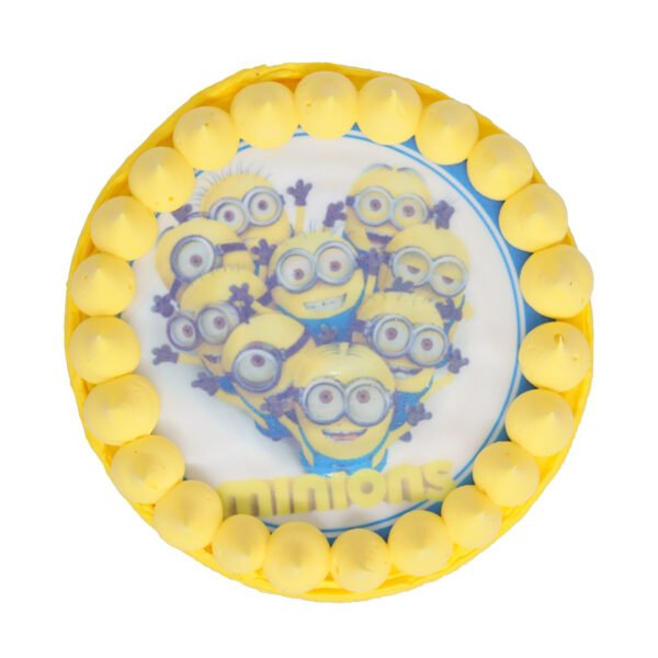 A yellow cake decorated with minion figurines.
