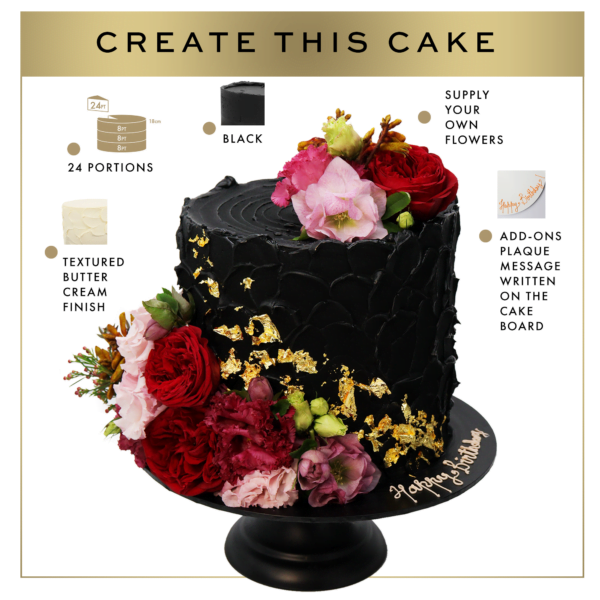 A black and Gold Leaf cake with flowers on top.
