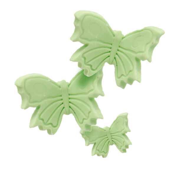 Three green butterflies on a white background.