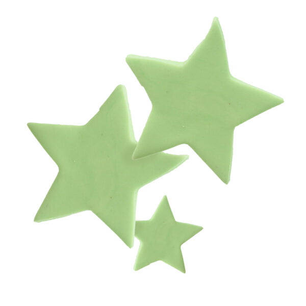 Three green stars on a white background.