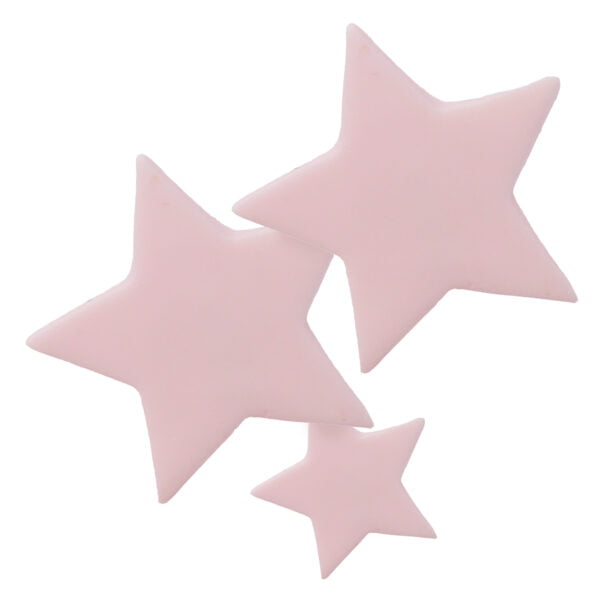 Three pink star shaped stickers on a white background.
