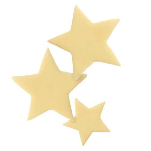 Three yellow star shaped soaps on a white background.