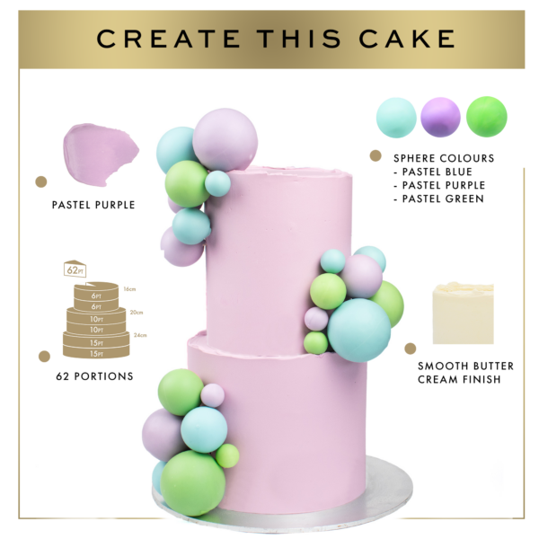 Infographic of a two-tier pastel purple cake decorated with pastel blue and green spheres, labeled with dimensions and serving details, titled "create this cake.