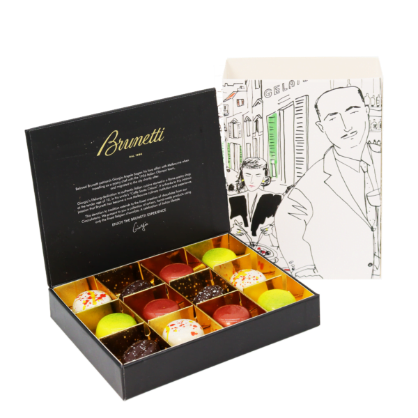 A Chocolate Box - Campari Bar Collection (12 Pieces) with an illustration of a man.