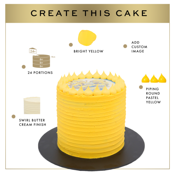 Graphic showing how to create a bright yellow cake with a swirl buttercream finish and an option to add a custom image; serves 24 portions.