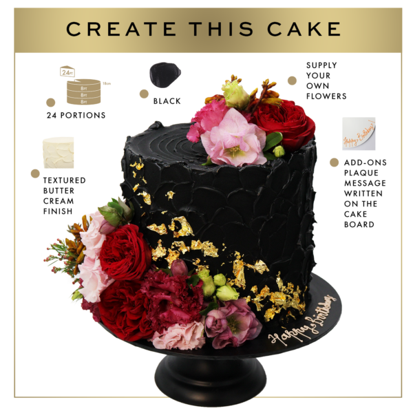 A black cake with textured buttercream finish, adorned with red and pink flowers and gold leaf, labeled "create this cake" with options for customization.