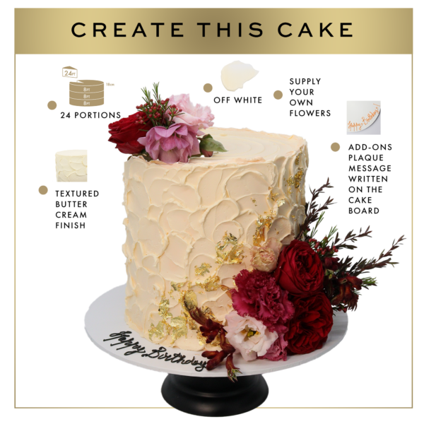 An elegant square cake with a textured cream finish, adorned with red and pink flowers, on a black stand with instructions for customization options.
