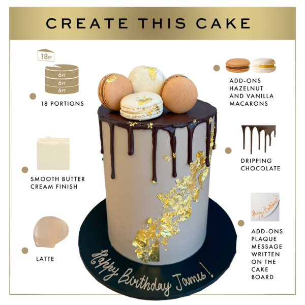Graphic of a decorated cake with hazelnut and vanilla macarons, gold leaf detailing, and chocolate drip, labeled with descriptions “create this cake” instructions.