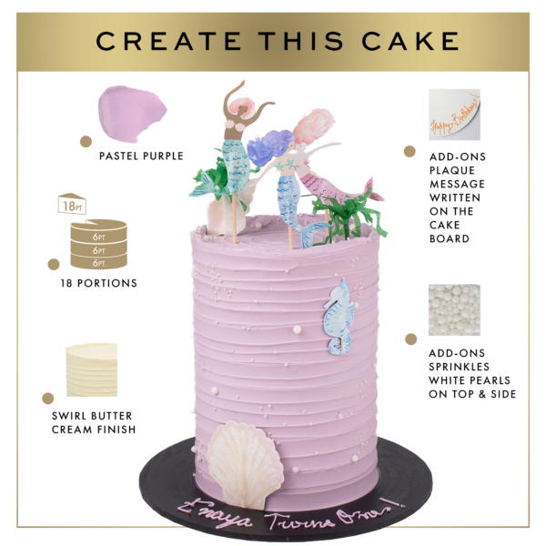 An image for a cake, featuring a pastel purple cake with a swirl buttercream finish and decorative elements such as mermaid tails, seashells, and pearls.