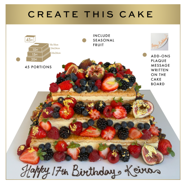 A three-tiered square birthday cake with fruits like strawberries and blueberries, labeled with dimensions and options for customization, including a "happy 17th birthday" message.