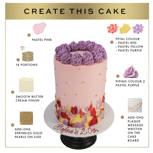 An infographic showing a pink cake with purple frosting and gold sprinkle details, listing color options and serving size of 18 portions.