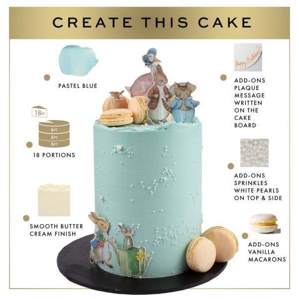 Pastel blue cake with decorative Animals such as Rabbit , cat and duck, and vanilla macarons, alongside instructions on customizing cake design elements.