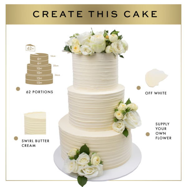 Illustration of a three-tiered off-white wedding cake decorated with white roses and green leaves, labeled with dimensions and serving details.