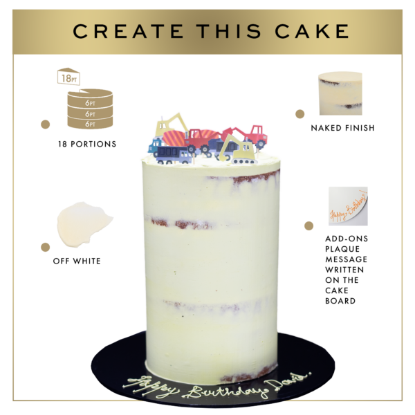 An infographic for a custom cake titled "create this cake" featuring an off-white, 18-portion Truck-themed cake with a naked finish and a "happy birthday dad" message plaque.