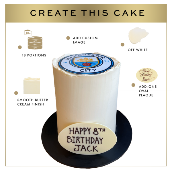 Promotional image for a customizable birthday cake, featuring a manchester city football club theme and a message, "happy 8th birthday jack," with options for add-ons listed.