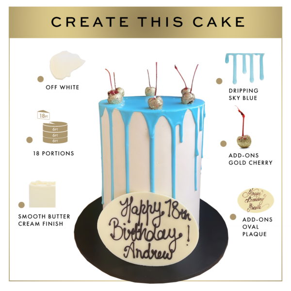 Illustration of a cake design featuring a blue and white birthday cake labeled with various decorating tips like color suggestions and add-on placements.