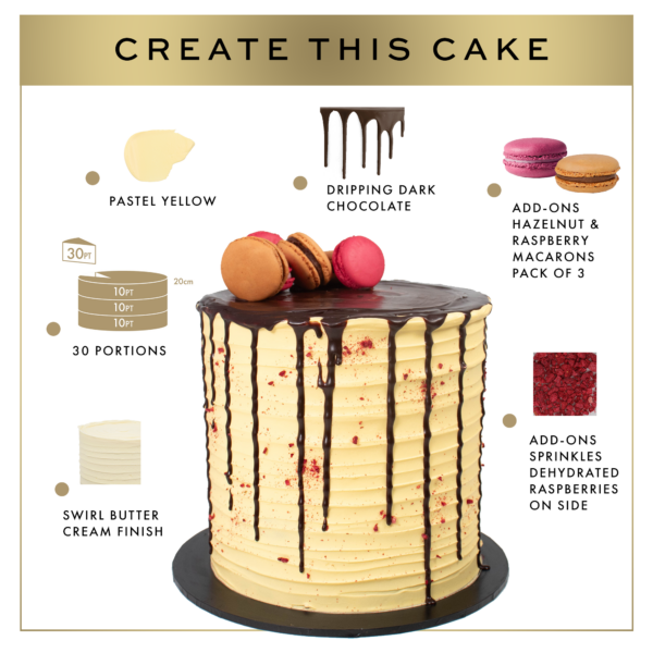 Illustration of a cake with a pastel yellow buttercream finish, decorated with dripping dark chocolate, raspberry hazelnut macarons, and red sprinkles.
