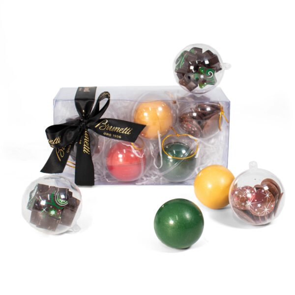 Four chocolate baubles in a box with a bow.