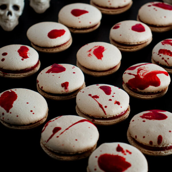 Halloween Macarons - 8 Pack featuring bloody skulls.