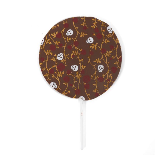 A brown Halloween Chocolate-pop with skulls and roses on it, perfect for Halloween or chocolate lovers.