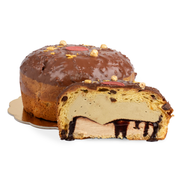 Chocolate glazed panettone with a section cut out, revealing a creamy and nut-filled interior, displayed against a black background.