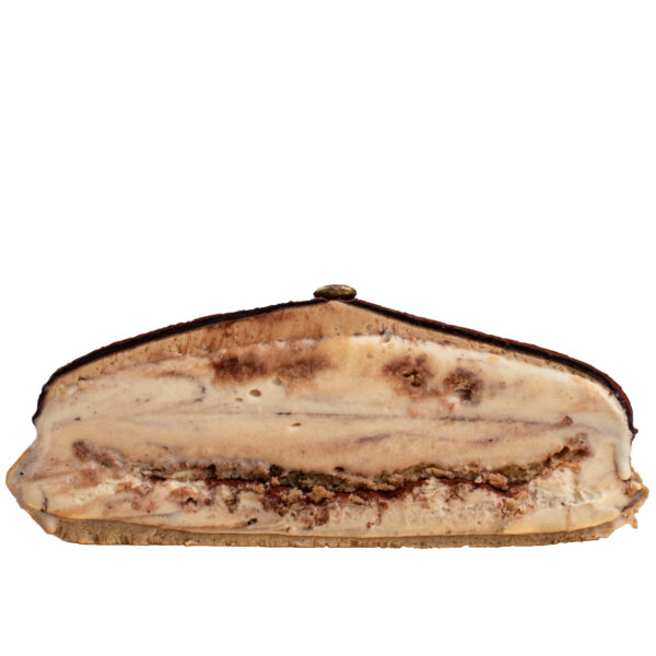 A slice of tiramisu cake with visible layers of mascarpone cream and coffee-soaked sponge, isolated on a white background.
