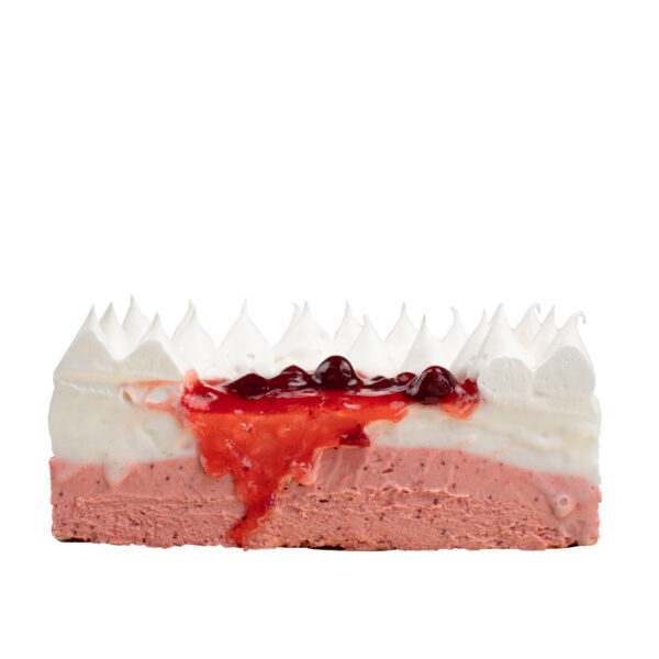 A slice of layered strawberry cheesecake with a topping of berry compote, displayed against a white background.