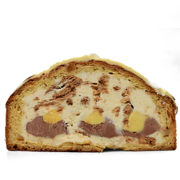 A cross-section of a fruitcake loaf, containing chunks of fruits and nuts, encased in a light glaze, isolated on a white background.