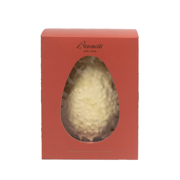 A brunetti chocolate easter egg in a red box with a clear oval window, displaying the textured surface of the egg.