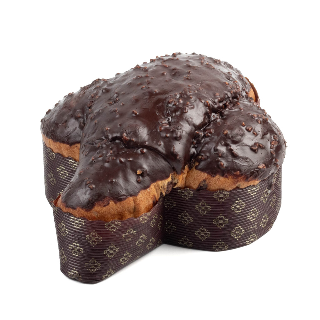 Gianduia Colomba cakes with chocolate glaze and chocolate chip toppings, isolated on a white background.