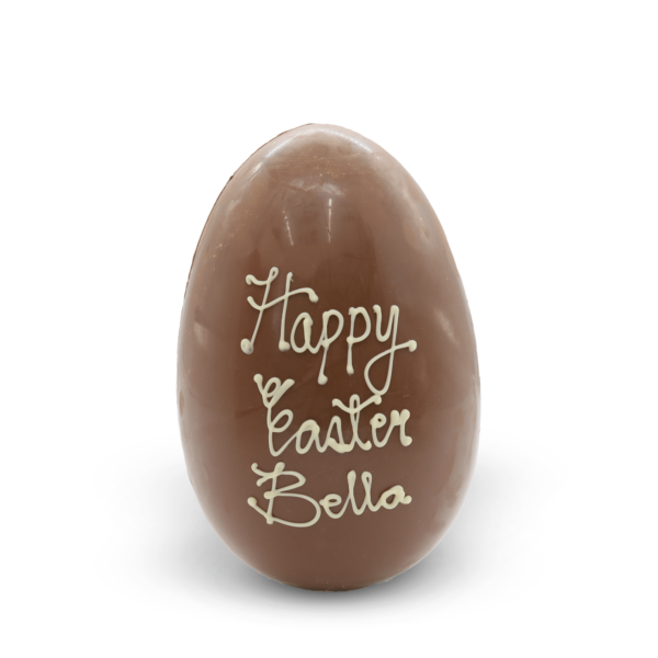 A Personalised Egg with the words happy easter bella on it.