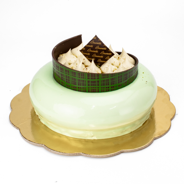 Front shot of the Giselle pistachio mousse cake.