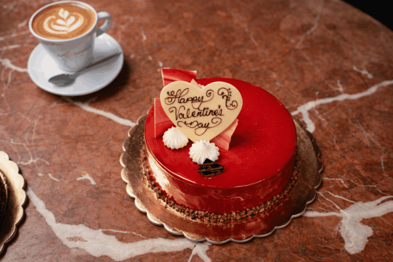 Red Valentine's Day cake with coffee